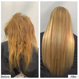 Before and after: frizzy, damaged copper hair to long, sleek blonde extensions
