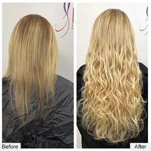 Before and after: thin blonde hair to full, wavy blonde extensions