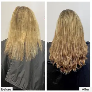 Before and after: shoulder-length blonde hair to longer extensions with soft waves