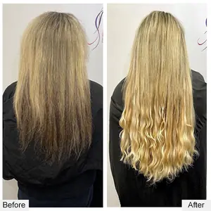 Before and after: flat, thin hair to full, wavy blonde extensions