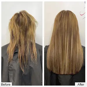 Before and after: choppy, damaged hair to smooth, even brown extensions