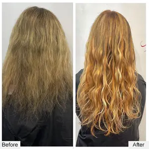 Before and after: dull, frizzy hair to long, golden wavy extensions