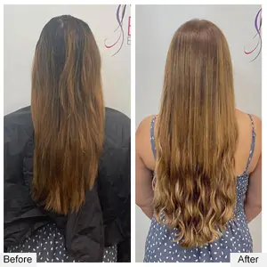 Before and after: dark brown hair to long, brown-to-caramel wavy extensions