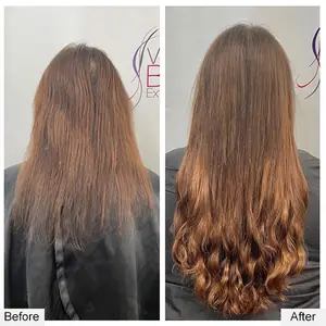 Before and after: frizzy brown hair to long, glossy brown extensions