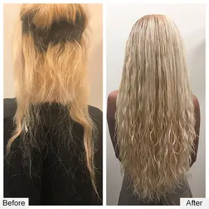 Before and after: damaged, uneven blonde hair to long, full wavy extensions