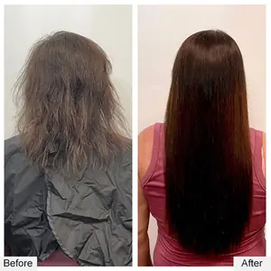 Before and after: short, damaged brown hair to long, sleek dark brown extensions