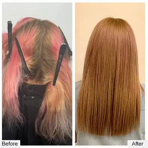 Before and after: pink-streaked, damaged hair to long, straight copper extensions