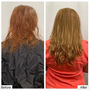 Before and after: thin copper hair to long, wavy copper extensions