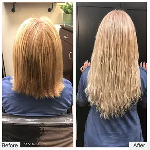 Before and after: short strawberry-blonde bob to long wavy blonde extensions