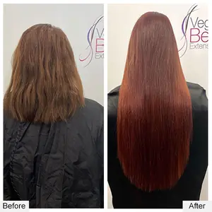 Before and after: shoulder-length brown hair to long, straight red extensions