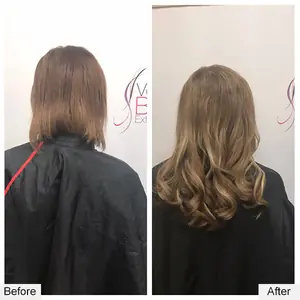 Before and after: short brown hair to long brown extensions with curled ends