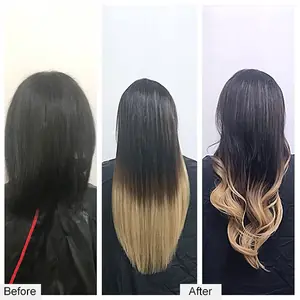 Before and after: dark shoulder-length hair to long dark extensions with blonde ombré ends