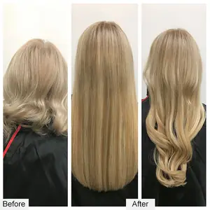 Before and after: short blonde hair to long blonde extensions, worn straight and curled