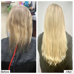 Before and after: thin, uneven blonde hair to long, straight blonde extensions