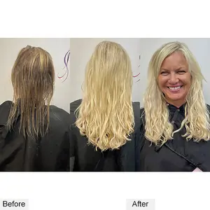 Before and after: short, thin hair to long wavy blonde extensions