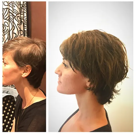 Microbead extensions on short hair, front and side views